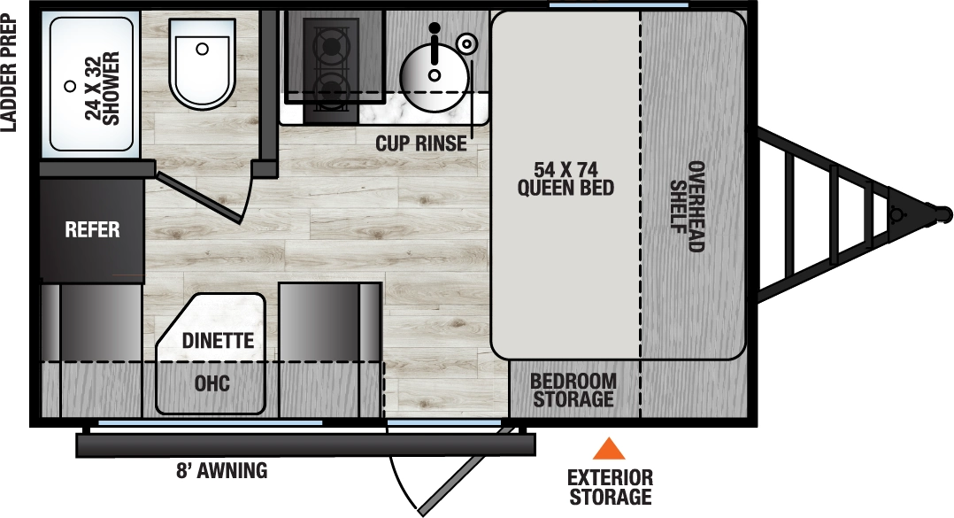 The Viking Travel Trailers 12RD floorplan has one entry and zero slide outs. Exterior features include: metal exterior and 8' awning. Interiors features include: front bedroom.